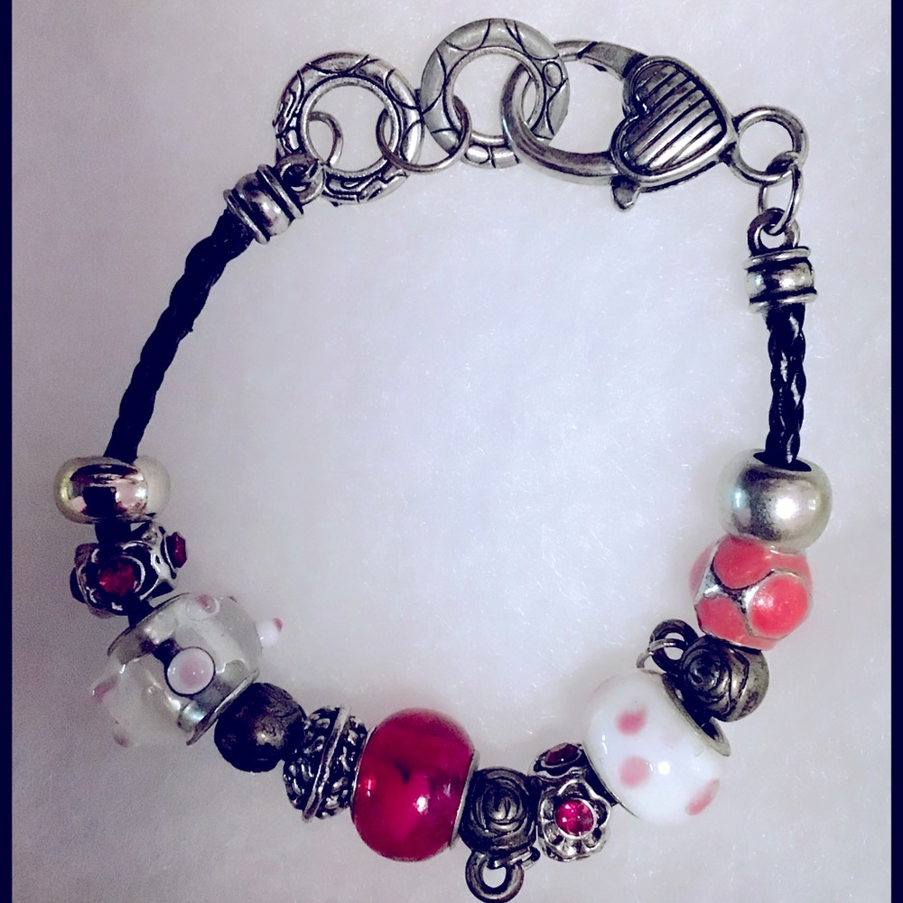6” Vintage Pandora Leather Bracelet with Murano Beads